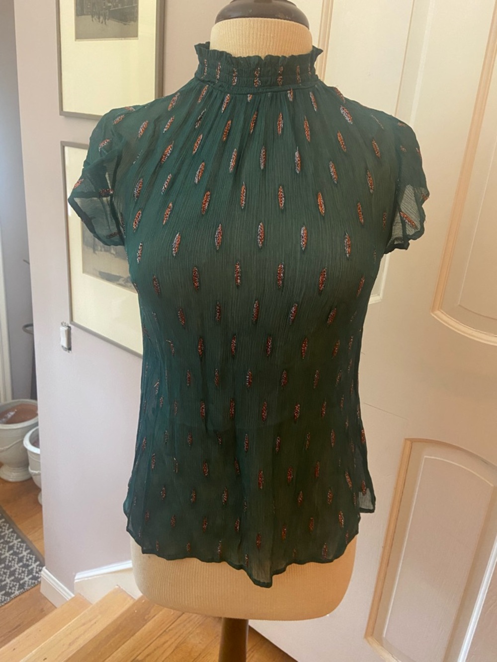 Modcloth Forest Green Sheer Mock-Neck Blouse with Metallic Teardrops